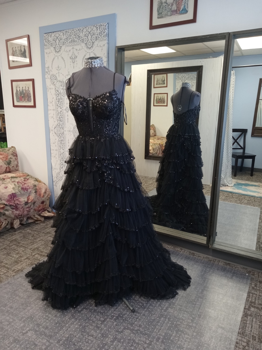 Black Tiered Ruffled Sequin Evening Dress